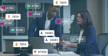 Poster - Image of notification icons with changing numbers over diverse coworkers discussing reports