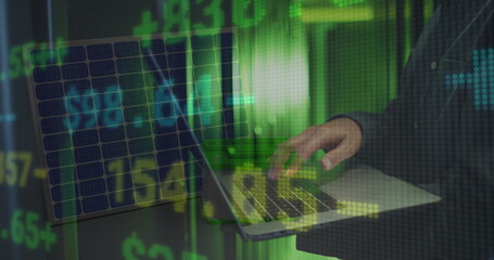 Poster - Image of financial data processing over mid section of male engineer using laptop at server room