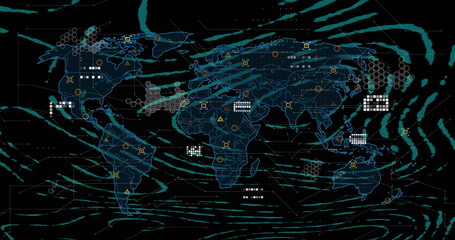 Poster - Image of circular pattern over circuit board pattern on map against black background