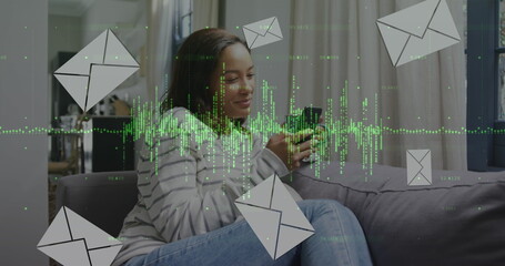 Poster - Image of data processing and envelopes icons over biracial woman using smartphone