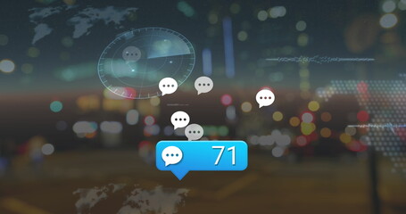 Poster - Image of message icons with increasing numbers against blurred view of night city traffic