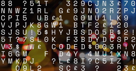 Aufkleber - Image of changing numbers and alphabets and spots of light against night city traffic