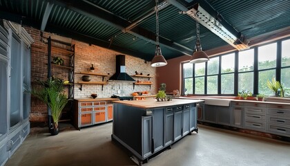 An industrial kitchen with exposed brick walls, metal shelving, and a large island