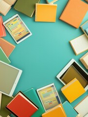 Leinwandbilder - A flat lay of tablets and e-readers displaying educational materials, surrounded by various books. Generative AI