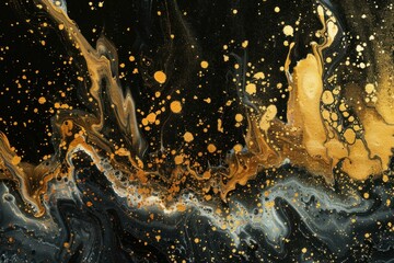 Poster - Liquid gold paint flowing on black with silver accents creating abstract art background