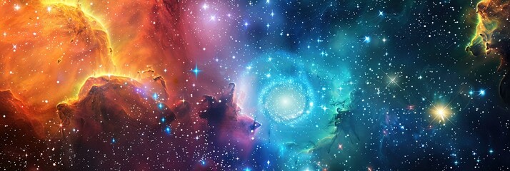 Wall Mural - Vibrant space scene with galaxies and stellar nebulae, showcasing a colorful and awe-inspiring view of the cosmos.