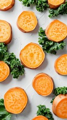 Poster - Fresh slices of sweet potatoes with kale leaves on white background