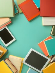 Poster - a flat lay image of colorful tablets and books arranged on a turquoise background, depicting the mod