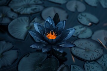 blue lotus flower covered in water droplets blooms in a dark pond