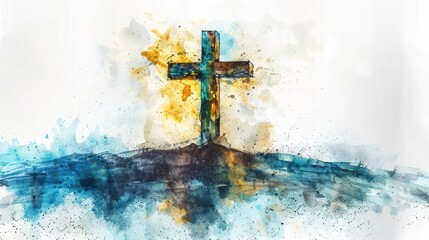 Wall Mural - Christian Cross on Earth - Watercolor Illustration - A beautiful digital painting of a Christian cross on earth, created with stunning watercolor techniques. Perfect for religious or spiritual themes.