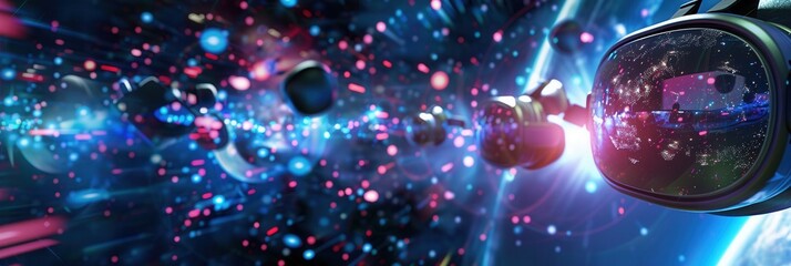 Poster - A close-up image showcasing a VR headset in a fantastical digital world. The vibrant colors and immersive details represent the possibilities of virtual reality. Generative AI
