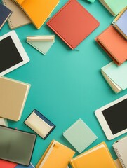 Poster - A top view of various tablets and e-readers surrounding a teal surface, showcasing modern digital learning materials and e-books. Generative AI