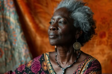 Senior black woman with grey hair and colorful clothing looking up and posing on an orange background