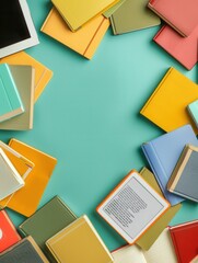 Poster - A flat lay image of e-readers and tablets displaying educational materials, surrounded by colorful books on a blue background. This image represents modern digital learning. Generative AI