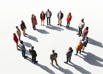 A diverse team of professionals stands in a circle, creating a sense of unity and collaboration