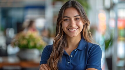 Happy Hispanic Office Staff: Smiling Woman in Blue Polo Shirt at Work