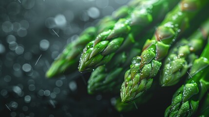 Fresh asparagus spears being washed, with water droplets captured in mid-air, A close-up shot and full shot of a Asparagus with droplets of water