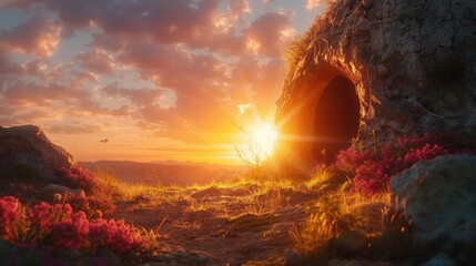 Wall Mural - Resurrection at Sunrise: Jesus Appears at the Empty Tomb