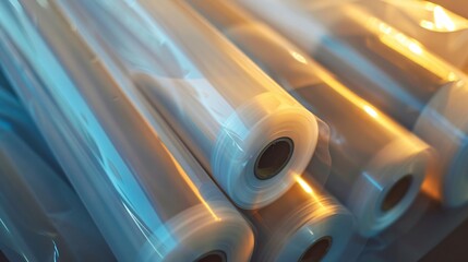 Close-up of rolls of industrial plastic sheeting with a soft glow.
