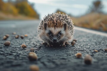 Sticker - Little wild hedgehog on road. Wildlife and transport concept