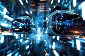 Poster - VR headsets and AR glasses float in a vibrant digital world, showcasing the immersive power of virtual reality technology. Generative AI