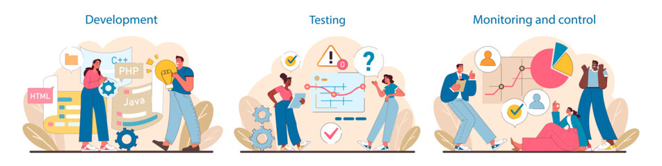 Poster - IT project phases set. Coding in development, critical analysis during testing, and strategic oversight in monitoring.