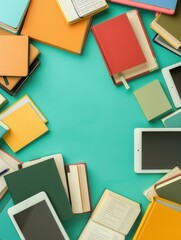 Poster - A vibrant assortment of tablets and e-books scattered on a teal background, showcasing the modern tools of digital learning. Generative AI