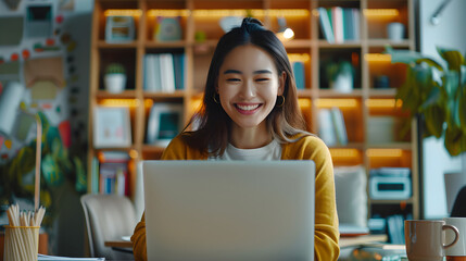 Happy young woman working remotely on virtual video team meeting call, remote work and flexible culture concept, smiling asian female digital nomad freelancing on laptop from home, copy space