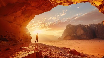 Poster - Man standing in the middle of a desert near a rock arch with the sun shining through the arch in the distance, with a mountain in the background