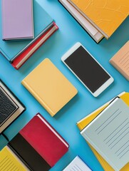 Poster - Digital learning tools such as tablets and e-readers display educational materials and e-textbooks on a blue background. Generative AI