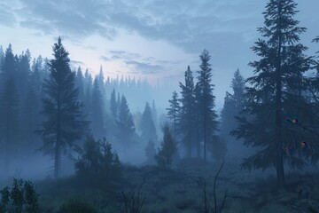 Aufkleber - A misty dawn paints the forest in soft light, highlighting the tall trees as they stand against a backdrop of serene, early morning calm. Generative AI