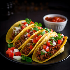 Mexican tacos with beef, tomato and cilantro on wooden background