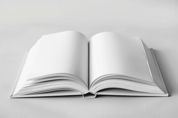 Poster - Open book with blank pages lying on a white table is waiting to be filled with text