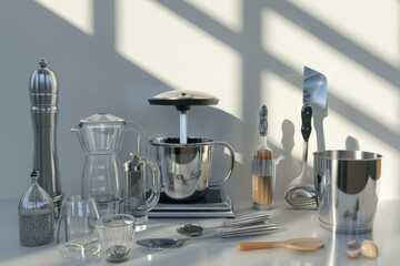 Stainless steel kitchen tools and glass containers are arranged on a white countertop with window light casting shadows in the background