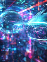 Poster - Closeup of VR headsets and AR glasses, immersed in a digital world full of bright lights and data. Generative AI