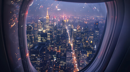 Wall Mural - an airplane window, capturing a bustling cityscape at night