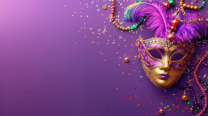 Mardi Gras carnival mask and beads on purple background