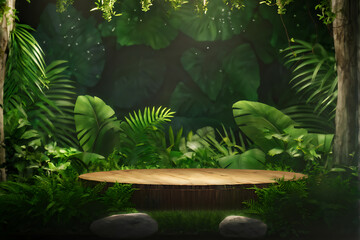 Wall Mural -  Background podium jungle product platform 3D green wood display pedestal. Background podium jungle tree nature leaf tropical cosmetic summer forest plant garden stage water presentation stone table. 
