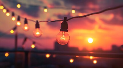 a string light bulbs at sunset on the rooftop