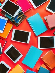 Poster - Tablets and e-readers displaying educational materials and e-textbooks on a red background, representing modern digital learning. Generative AI
