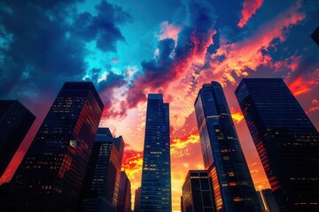 Aufkleber - A vibrant sunset casts a warm glow over a modern cityscape, highlighting the silhouettes of tall skyscrapers against a dynamic sky. Generative AI
