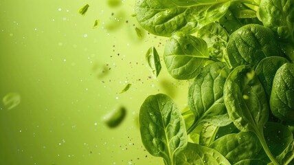Fresh spinach leaves with water droplets on green background