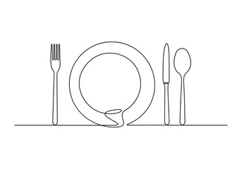 Vector illustration of plate knife and fork continuous one line drawing 