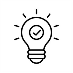 Wall Mural - black bulb with checkmark like quick tip icon, flat stroke linear simple trend modern efficiency logotype design element isolated on white background.