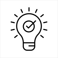 Wall Mural - black bulb with checkmark like quick tip icon, flat stroke linear simple trend modern efficiency logotype design element isolated on white background.