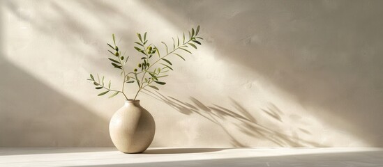 contemporary summer setting image featuring a round beige vase showcasing a green olive branch in su