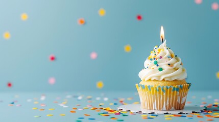 Delicious birthday Cupcake With One Candle on the white table with confetti stars on blue isolated background