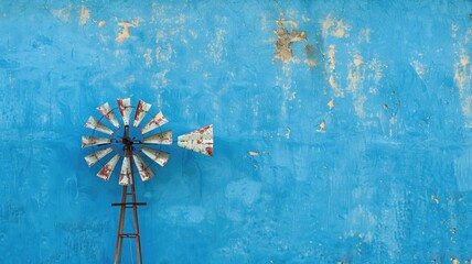 Rusty windmill against weathered blue wall in rustic setting