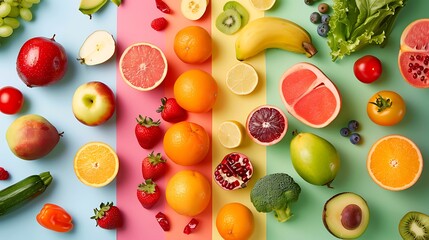 Different fruits and vegetables on a colored background
