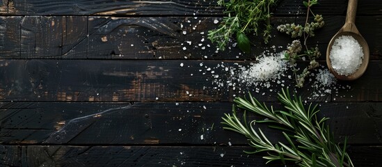 Wall Mural - Top view of herbs and salt on a dark wooden surface